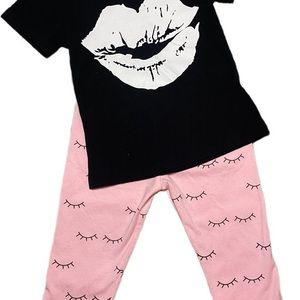 Jinxing 2 piece Baby girl Outfit Black Pink Lips Eyelashes 12 months.